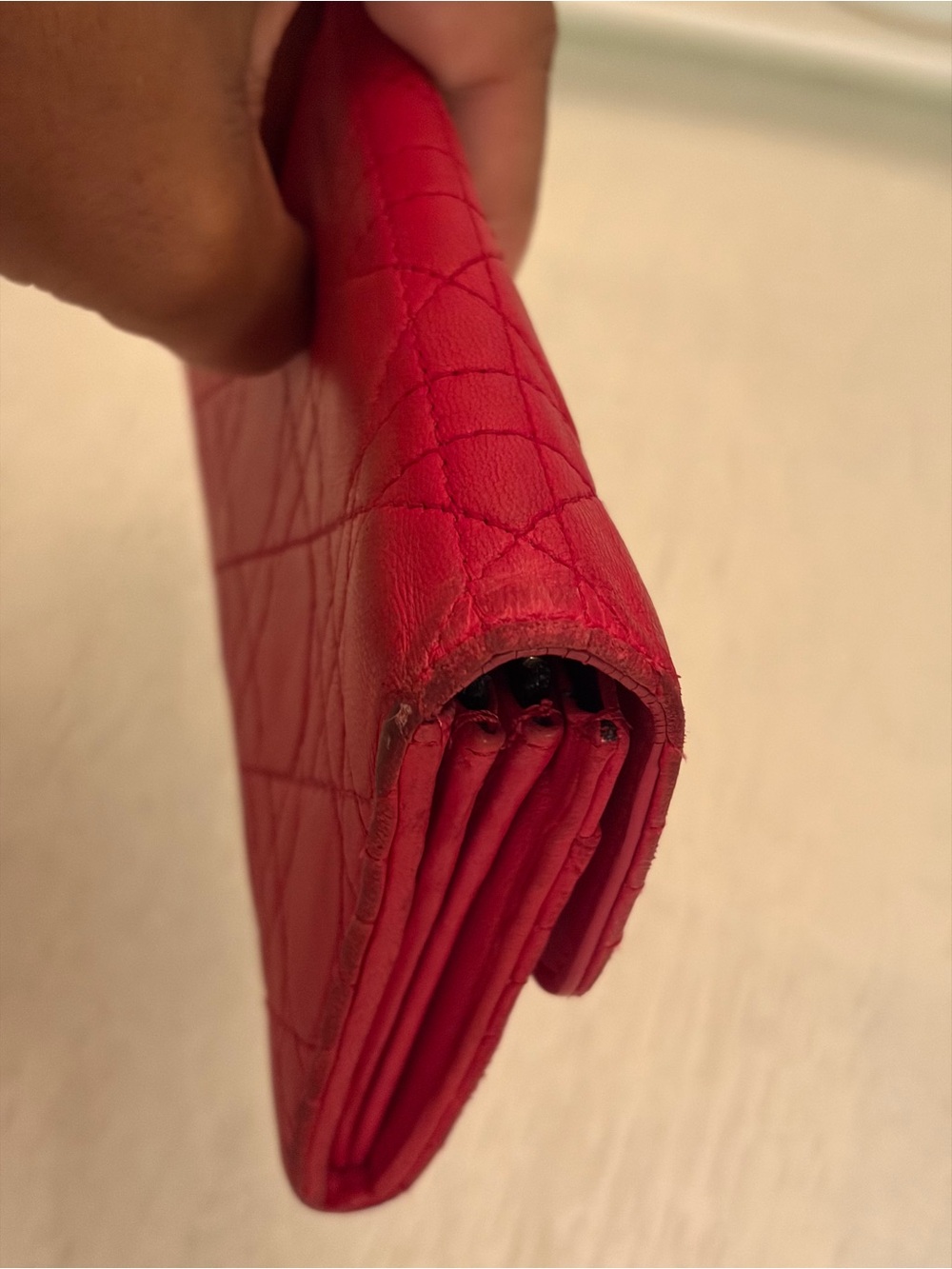 EUC Christian Dior Cannage quilted lambskin wallet in red, featuring push-lock - Picture 7 of 12